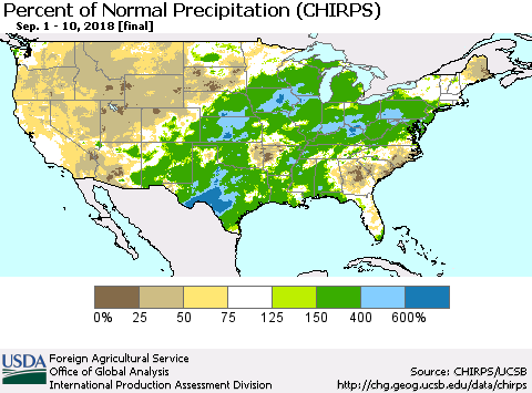 United States Percent of Normal Precipitation (CHIRPS) Thematic Map For 9/1/2018 - 9/10/2018