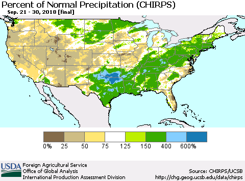 United States Percent of Normal Precipitation (CHIRPS) Thematic Map For 9/21/2018 - 9/30/2018