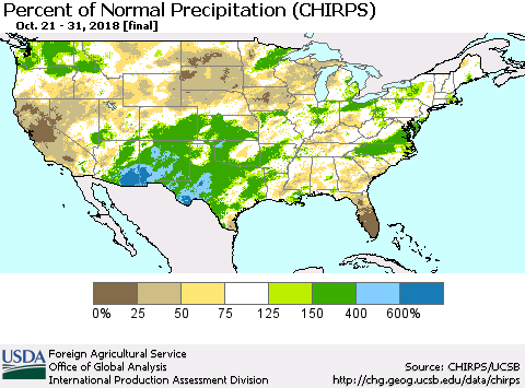 United States Percent of Normal Precipitation (CHIRPS) Thematic Map For 10/21/2018 - 10/31/2018