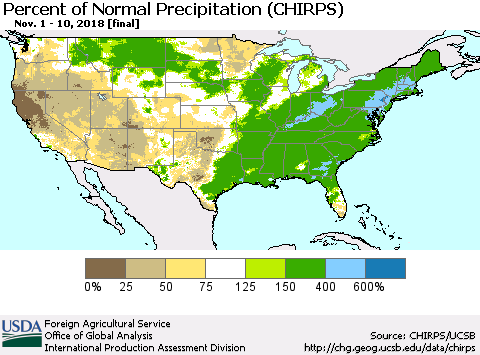 United States Percent of Normal Precipitation (CHIRPS) Thematic Map For 11/1/2018 - 11/10/2018