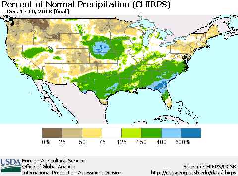 United States Percent of Normal Precipitation (CHIRPS) Thematic Map For 12/1/2018 - 12/10/2018