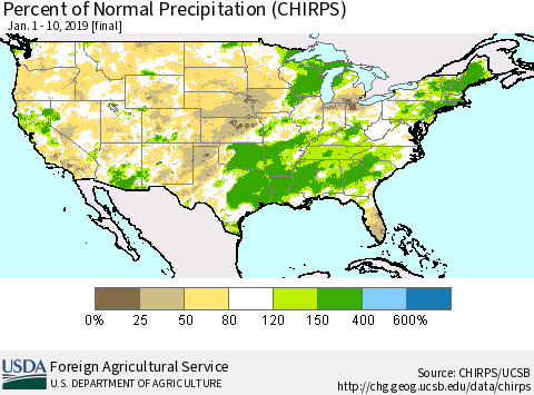United States Percent of Normal Precipitation (CHIRPS) Thematic Map For 1/1/2019 - 1/10/2019
