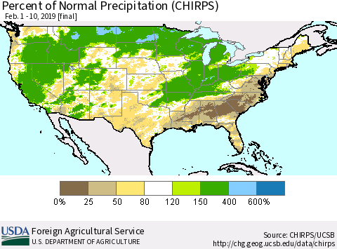 United States Percent of Normal Precipitation (CHIRPS) Thematic Map For 2/1/2019 - 2/10/2019