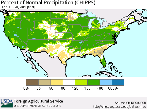 United States Percent of Normal Precipitation (CHIRPS) Thematic Map For 2/11/2019 - 2/20/2019