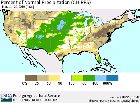 United States Percent of Normal Precipitation (CHIRPS) Thematic Map For 3/11/2019 - 3/20/2019