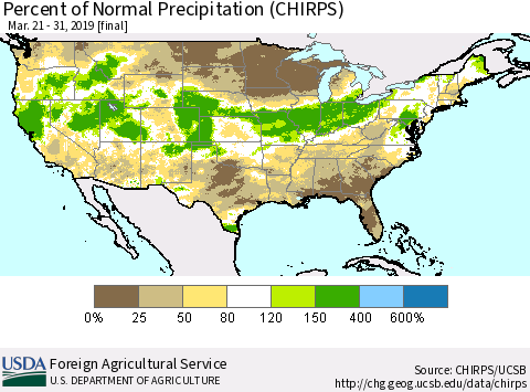 United States Percent of Normal Precipitation (CHIRPS) Thematic Map For 3/21/2019 - 3/31/2019
