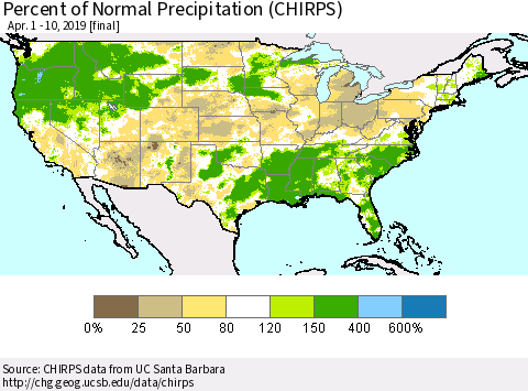 United States Percent of Normal Precipitation (CHIRPS) Thematic Map For 4/1/2019 - 4/10/2019