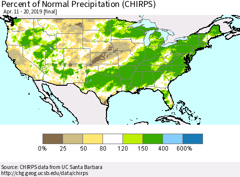 United States Percent of Normal Precipitation (CHIRPS) Thematic Map For 4/11/2019 - 4/20/2019