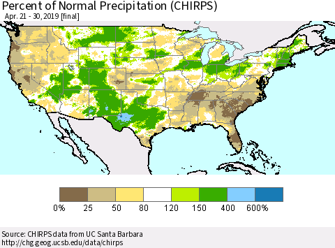 United States Percent of Normal Precipitation (CHIRPS) Thematic Map For 4/21/2019 - 4/30/2019