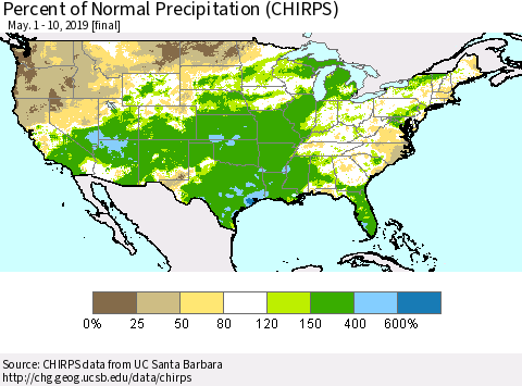 United States Percent of Normal Precipitation (CHIRPS) Thematic Map For 5/1/2019 - 5/10/2019