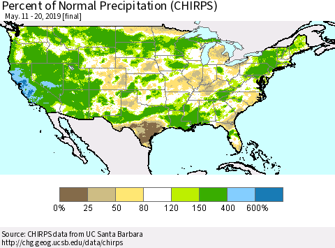 United States Percent of Normal Precipitation (CHIRPS) Thematic Map For 5/11/2019 - 5/20/2019