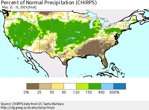 United States Percent of Normal Precipitation (CHIRPS) Thematic Map For 5/21/2019 - 5/31/2019