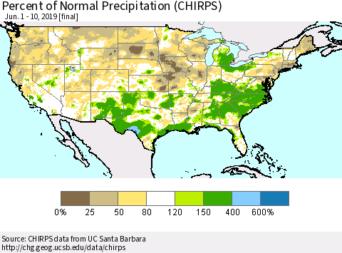 United States Percent of Normal Precipitation (CHIRPS) Thematic Map For 6/1/2019 - 6/10/2019