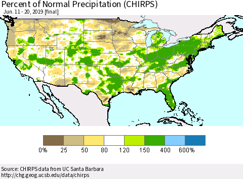 United States Percent of Normal Precipitation (CHIRPS) Thematic Map For 6/11/2019 - 6/20/2019