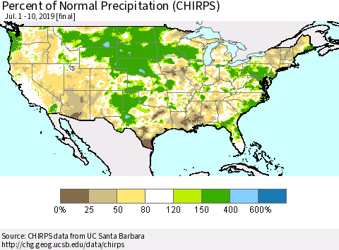 United States Percent of Normal Precipitation (CHIRPS) Thematic Map For 7/1/2019 - 7/10/2019
