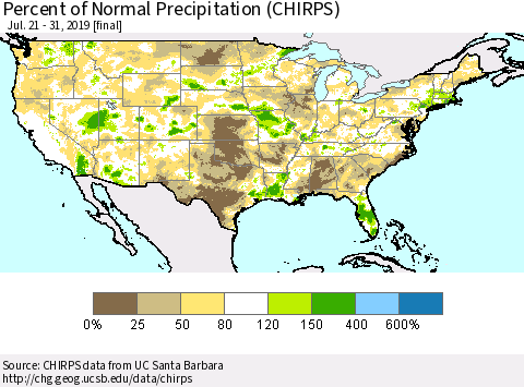 United States Percent of Normal Precipitation (CHIRPS) Thematic Map For 7/21/2019 - 7/31/2019