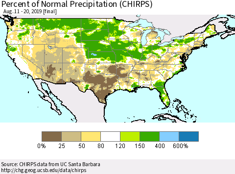 United States Percent of Normal Precipitation (CHIRPS) Thematic Map For 8/11/2019 - 8/20/2019