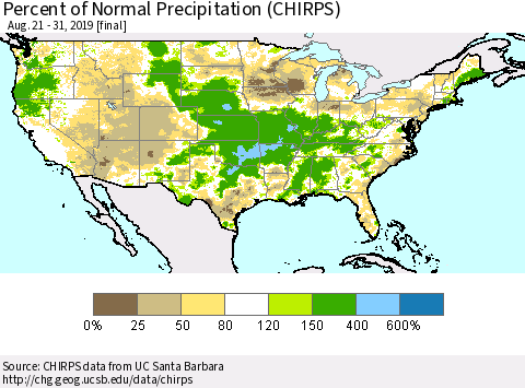 United States Percent of Normal Precipitation (CHIRPS) Thematic Map For 8/21/2019 - 8/31/2019