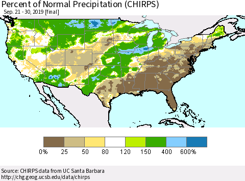 United States Percent of Normal Precipitation (CHIRPS) Thematic Map For 9/21/2019 - 9/30/2019