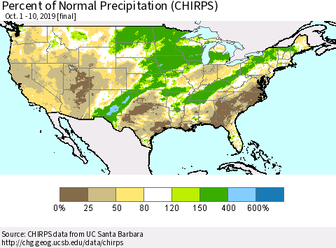 United States Percent of Normal Precipitation (CHIRPS) Thematic Map For 10/1/2019 - 10/10/2019