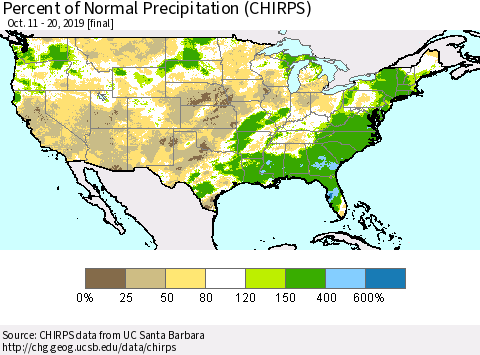 United States Percent of Normal Precipitation (CHIRPS) Thematic Map For 10/11/2019 - 10/20/2019