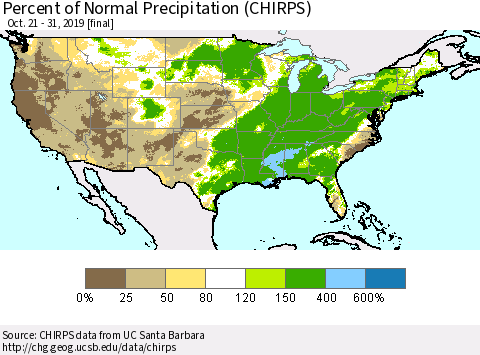United States Percent of Normal Precipitation (CHIRPS) Thematic Map For 10/21/2019 - 10/31/2019