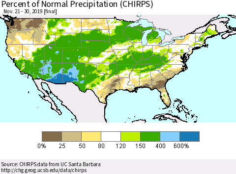 United States Percent of Normal Precipitation (CHIRPS) Thematic Map For 11/21/2019 - 11/30/2019