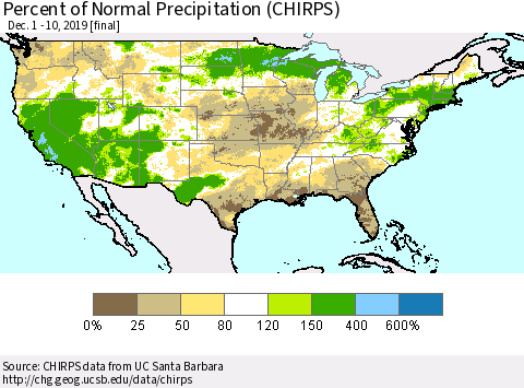 United States Percent of Normal Precipitation (CHIRPS) Thematic Map For 12/1/2019 - 12/10/2019