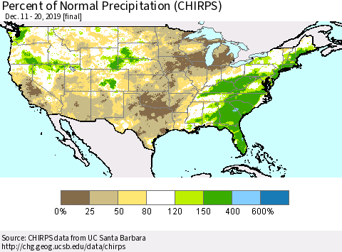 United States Percent of Normal Precipitation (CHIRPS) Thematic Map For 12/11/2019 - 12/20/2019