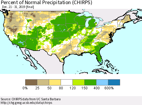 United States Percent of Normal Precipitation (CHIRPS) Thematic Map For 12/21/2019 - 12/31/2019