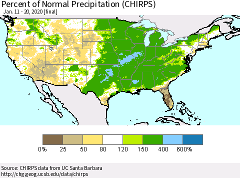 United States Percent of Normal Precipitation (CHIRPS) Thematic Map For 1/11/2020 - 1/20/2020