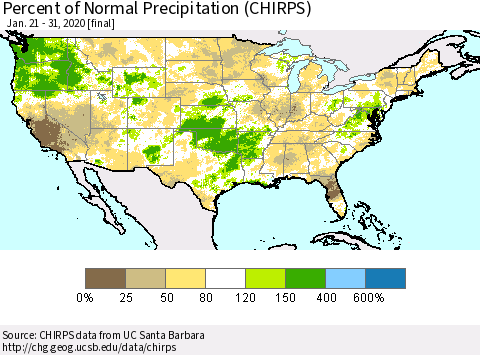 United States Percent of Normal Precipitation (CHIRPS) Thematic Map For 1/21/2020 - 1/31/2020