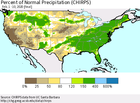 United States Percent of Normal Precipitation (CHIRPS) Thematic Map For 2/1/2020 - 2/10/2020
