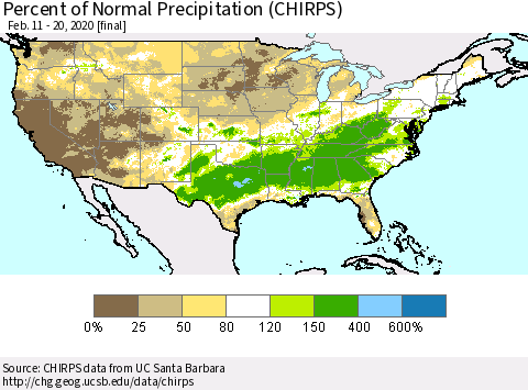 United States Percent of Normal Precipitation (CHIRPS) Thematic Map For 2/11/2020 - 2/20/2020