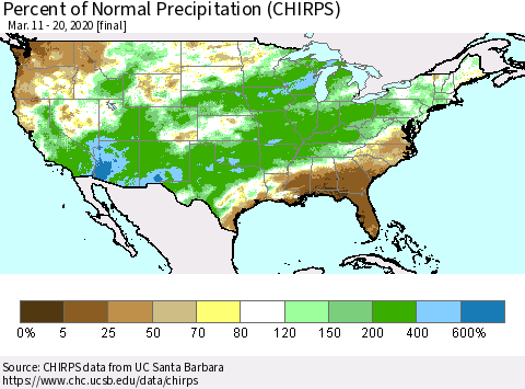 United States Percent of Normal Precipitation (CHIRPS) Thematic Map For 3/11/2020 - 3/20/2020