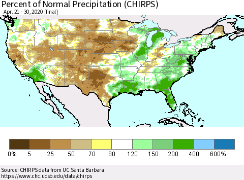United States Percent of Normal Precipitation (CHIRPS) Thematic Map For 4/21/2020 - 4/30/2020