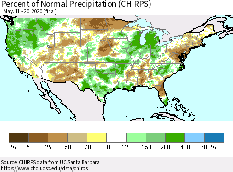 United States Percent of Normal Precipitation (CHIRPS) Thematic Map For 5/11/2020 - 5/20/2020
