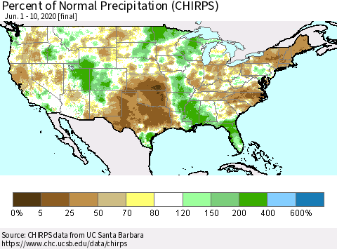 United States Percent of Normal Precipitation (CHIRPS) Thematic Map For 6/1/2020 - 6/10/2020