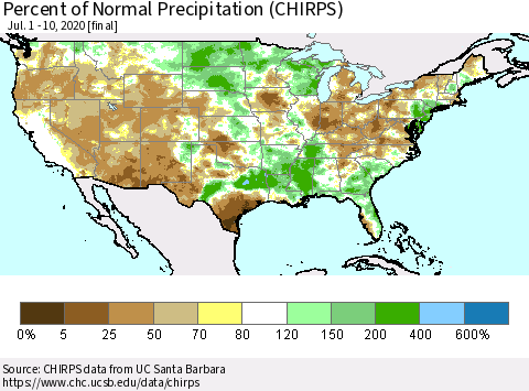 United States Percent of Normal Precipitation (CHIRPS) Thematic Map For 7/1/2020 - 7/10/2020