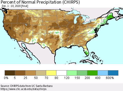 United States Percent of Normal Precipitation (CHIRPS) Thematic Map For 12/1/2020 - 12/10/2020