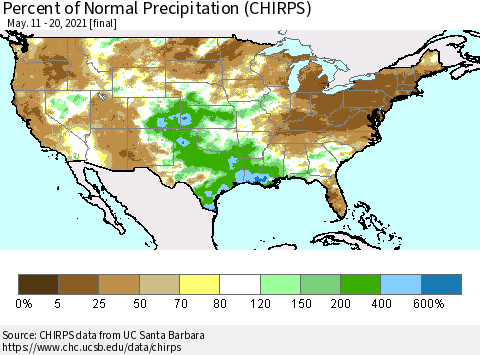 United States Percent of Normal Precipitation (CHIRPS) Thematic Map For 5/11/2021 - 5/20/2021