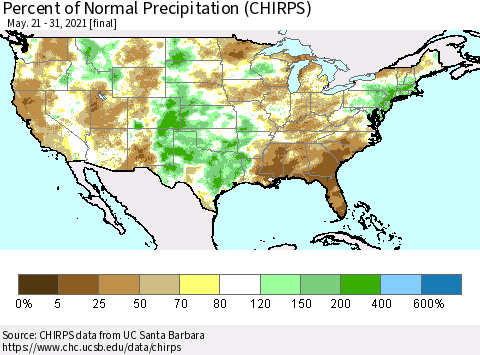 United States Percent of Normal Precipitation (CHIRPS) Thematic Map For 5/21/2021 - 5/31/2021