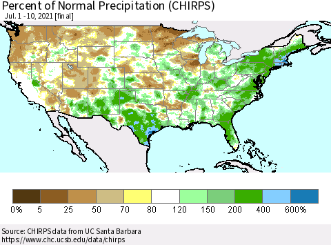 United States Percent of Normal Precipitation (CHIRPS) Thematic Map For 7/1/2021 - 7/10/2021