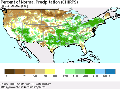 United States Percent of Normal Precipitation (CHIRPS) Thematic Map For 7/11/2021 - 7/20/2021