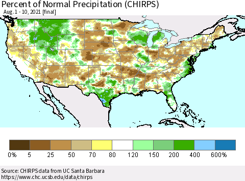 United States Percent of Normal Precipitation (CHIRPS) Thematic Map For 8/1/2021 - 8/10/2021