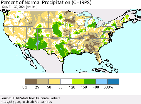 United States Percent of Normal Precipitation (CHIRPS) Thematic Map For 9/21/2021 - 9/30/2021