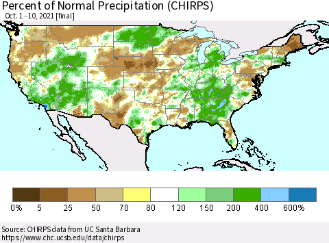 United States Percent of Normal Precipitation (CHIRPS) Thematic Map For 10/1/2021 - 10/10/2021