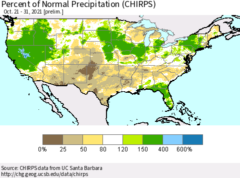 United States Percent of Normal Precipitation (CHIRPS) Thematic Map For 10/21/2021 - 10/31/2021