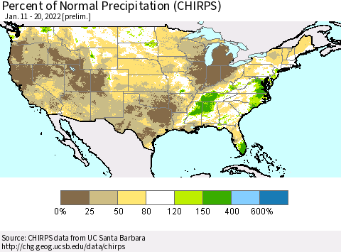 United States Percent of Normal Precipitation (CHIRPS) Thematic Map For 1/11/2022 - 1/20/2022