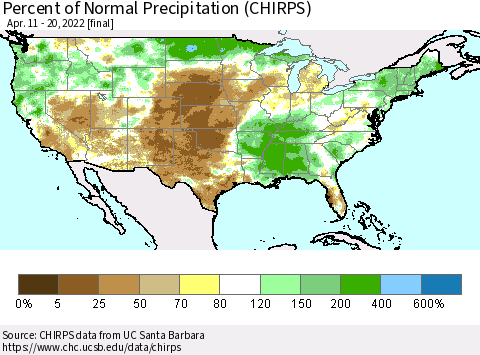 United States Percent of Normal Precipitation (CHIRPS) Thematic Map For 4/11/2022 - 4/20/2022